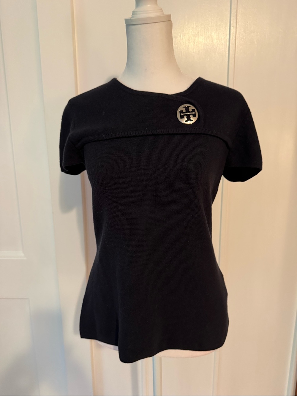 Tory Burch Navy Short-Sleeve Knit Top with Gold Logo Medallion